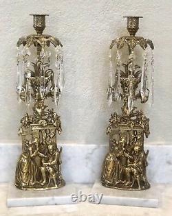 Antique Brass Girandoles Hanging Crystals Pair Woman, Man and Dog White Stone