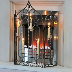 Antique Bronze Finish Gothic Fire Screen Fire Guard With Glass Candle Holders