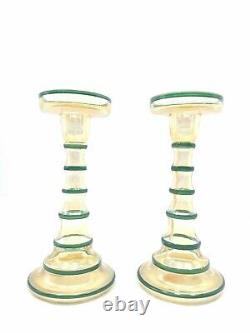 Antique CZECH Iridescent Bohemian Rare Glass Tower Candlestick Set Yellow Green