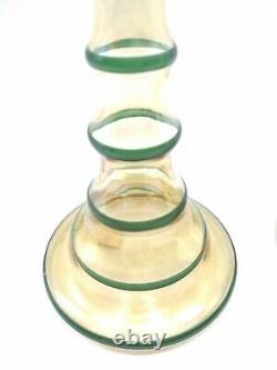 Antique CZECH Iridescent Bohemian Rare Glass Tower Candlestick Set Yellow Green