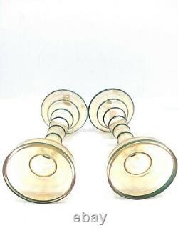 Antique CZECH Iridescent Bohemian Rare Glass Tower Candlestick Set Yellow Green