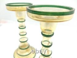 Antique CZECH Iridescent Bohemian Rare Glass Tower Candlestick Set Yellow Green