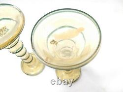 Antique CZECH Iridescent Bohemian Rare Glass Tower Candlestick Set Yellow Green