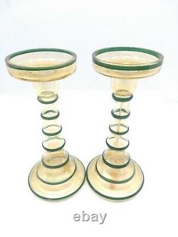 Antique CZECH Iridescent Bohemian Rare Glass Tower Candlestick Set Yellow Green