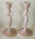 Antique Cambridge Glass Statuesque 3011 Pink Crown Tuscan Nude Candlestick Pair