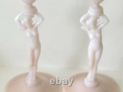 Antique Cambridge Glass Statuesque 3011 PINK Crown Tuscan Nude Candlestick PAIR