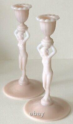 Antique Cambridge Glass Statuesque 3011 PINK Crown Tuscan Nude Candlestick PAIR