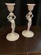 Antique Cambridge Glass Statuesque Pink Crown Tuscan Nude Candlesticks Pair 2