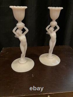 Antique Cambridge Glass Statuesque PINK Crown Tuscan Nude Candlesticks Pair 2