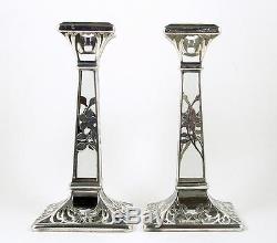 Antique Candle Holders Art Nouveau Silver Deposit Floral Overlay on Glass Pair