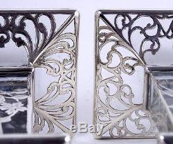 Antique Candle Holders Art Nouveau Silver Deposit Floral Overlay on Glass Pair