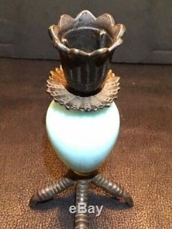 Antique Chickens Claw Foot Chamberstick Figural Candlestick Cast Iron Blue Glass