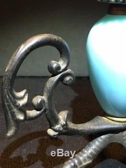 Antique Chickens Claw Foot Chamberstick Figural Candlestick Cast Iron Blue Glass