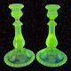 Antique Clear Glass Candle Stick Holder Set 2 Beaded Glass Manganese 365nm Green