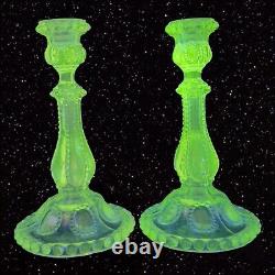 Antique Clear Glass Candle Stick Holder Set 2 Beaded Glass Manganese 365nm GREEN