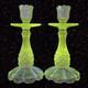 Antique Clear Glass Candle Stick Holder Set 2 Tapper Glass Manganese 365nm Green