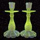 Antique Clear Glass Candle Stick Holder Set 2 Tapper Glass Manganese 365nm Green