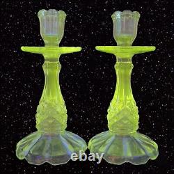 Antique Clear Glass Candle Stick Holder Set 2 Tapper Glass Manganese 365nm GREEN