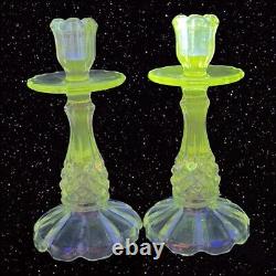 Antique Clear Glass Candle Stick Holder Set 2 Tapper Glass Manganese 365nm GREEN