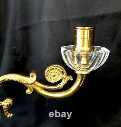Antique Empire French Cut Glass Baccarat Dore Gilt Bronze Candleholders Pair