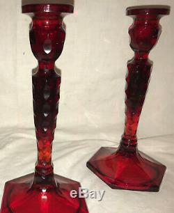 Antique Fenton 449 Florentine CUT OVALS 8.5 Candlesticks Ruby Glass RARE