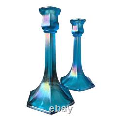 Antique Fenton Celeste Blue Iridescent Stretch Glass Candlesticks
