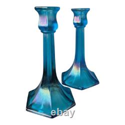Antique Fenton Celeste Blue Iridescent Stretch Glass Candlesticks