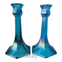 Antique Fenton Celeste Blue Iridescent Stretch Glass Candlesticks