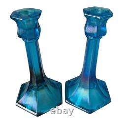 Antique Fenton Celeste Blue Iridescent Stretch Glass Candlesticks