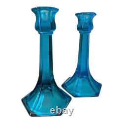 Antique Fenton Celeste Blue Iridescent Stretch Glass Candlesticks