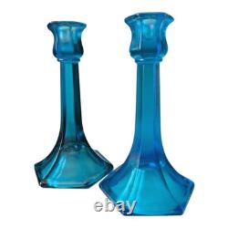 Antique Fenton Celeste Blue Iridescent Stretch Glass Candlesticks