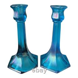 Antique Fenton Celeste Blue Iridescent Stretch Glass Candlesticks