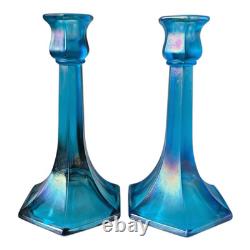 Antique Fenton Celeste Blue Iridescent Stretch Glass Candlesticks
