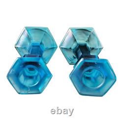 Antique Fenton Celeste Blue Iridescent Stretch Glass Candlesticks