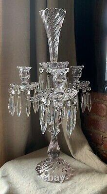 Antique French Art Glass Baccarat 3 Light Candelabra Bambous Swirl Crystal Prism