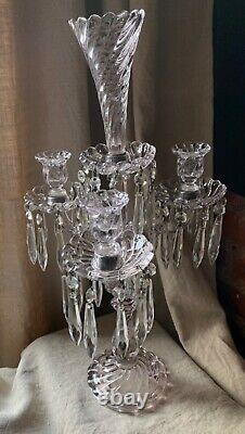 Antique French Art Glass Baccarat 3 Light Candelabra Bambous Swirl Crystal Prism