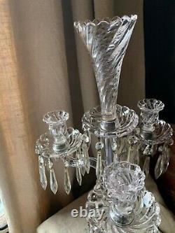 Antique French Art Glass Baccarat 3 Light Candelabra Bambous Swirl Crystal Prism