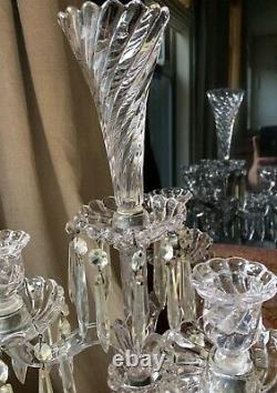 Antique French Art Glass Baccarat 3 Light Candelabra Bambous Swirl Crystal Prism