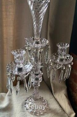 Antique French Art Glass Baccarat 3 Light Candelabra Bambous Swirl Crystal Prism