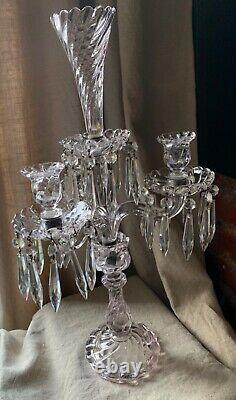 Antique French Art Glass Baccarat 3 Light Candelabra Bambous Swirl Crystal Prism