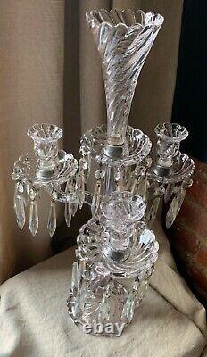 Antique French Art Glass Baccarat 3 Light Candelabra Bambous Swirl Crystal Prism