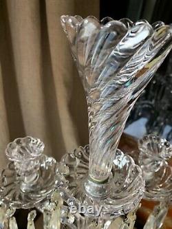 Antique French Art Glass Baccarat 3 Light Candelabra Bambous Swirl Crystal Prism