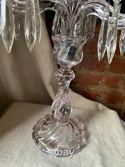 Antique French Art Glass Baccarat 3 Light Candelabra Bambous Swirl Crystal Prism