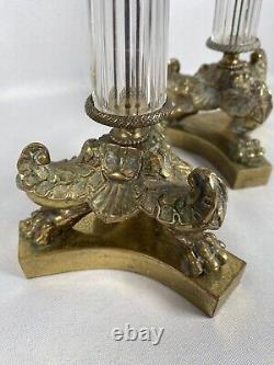 Antique French Candlesticks 2 Cast Bronze Tripod Lion Paws Ribbed Glass Columns