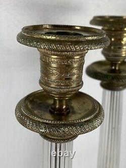 Antique French Candlesticks 2 Cast Bronze Tripod Lion Paws Ribbed Glass Columns