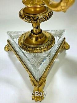 Antique French Gold Gilt Bronze & Etched Crystal Two Three Burner Candelabras