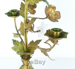 Antique French Ormolu Jeweled & Glass Floral Candelabra 5 Light Candle Holder