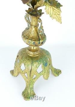 Antique French Ormolu Jeweled & Glass Floral Candelabra 5 Light Candle Holder