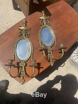 Antique French Style Brass Candle Holder Wall Sconces Pair Glass Mirrors