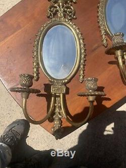 Antique French Style Brass Candle Holder Wall Sconces Pair Glass Mirrors